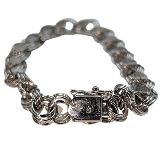 Vintage Mid Century Sterling Silver Double Link Textured Heart Charm Bracelet - Picture 8 of 8